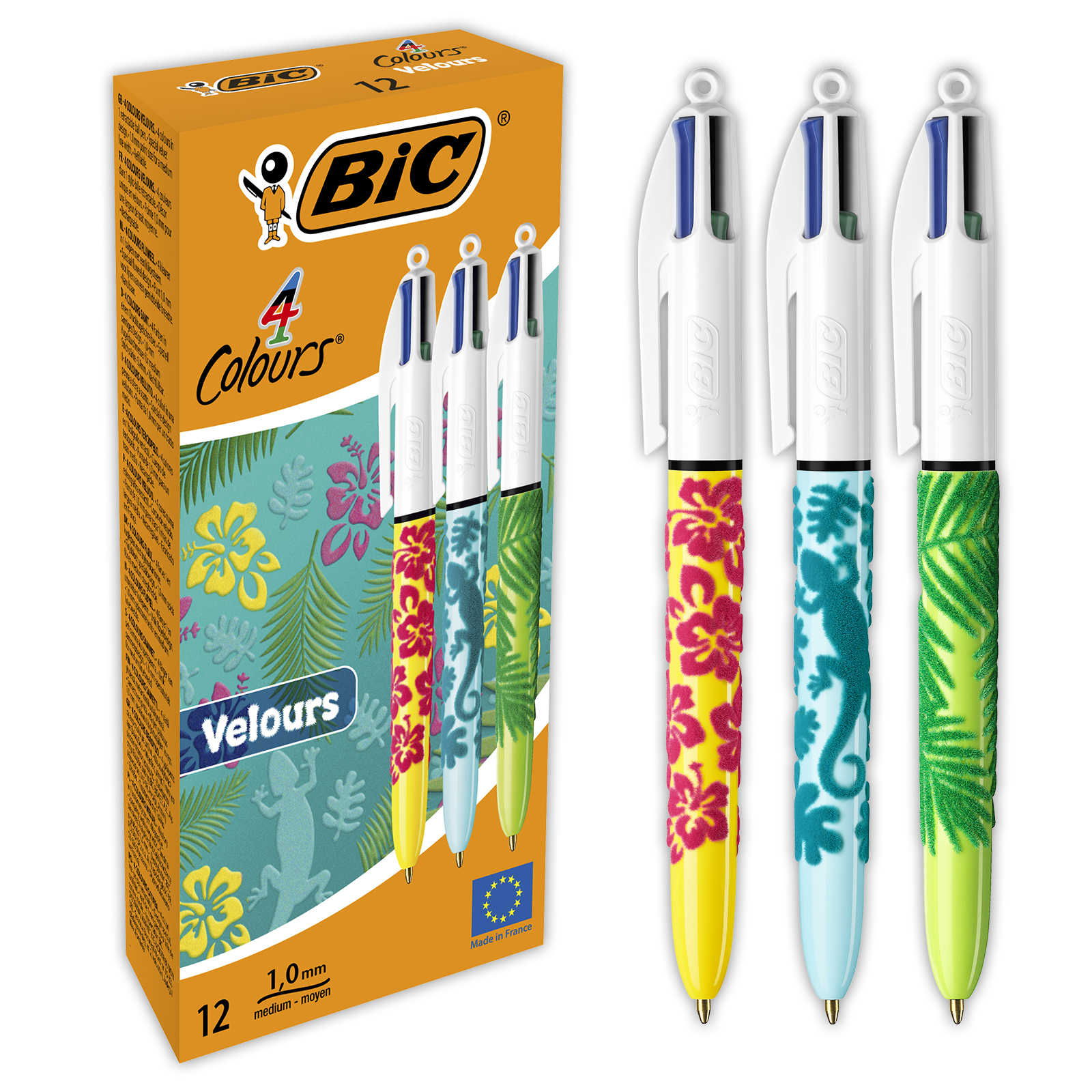 BIC 4 Couleurs Velours 12 Stylos à bille 4 couleurs corps assortis motif jungle Pas Cher