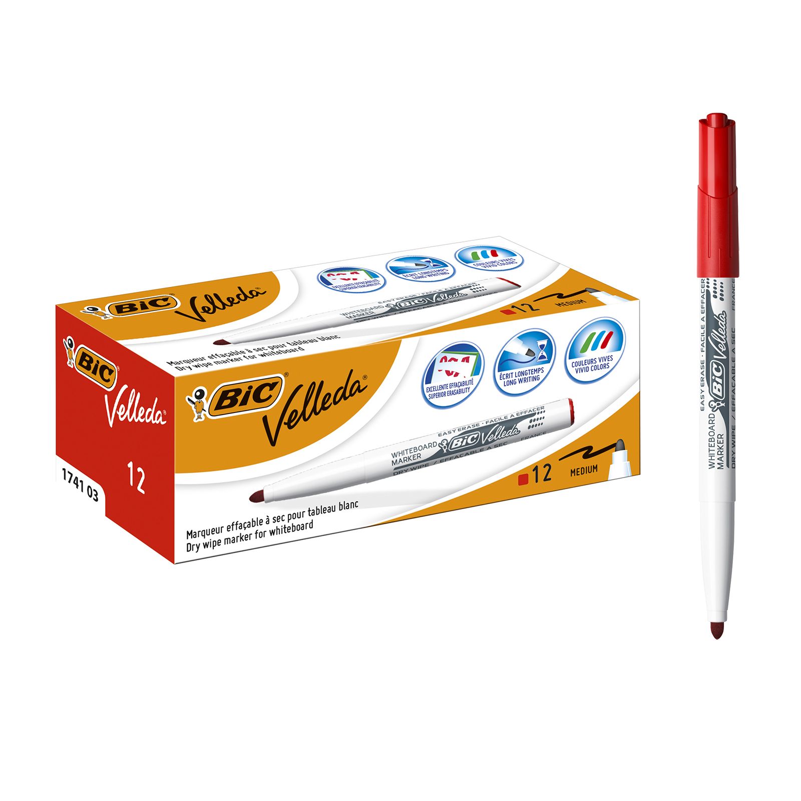 BIC Velleda 1721 Feutres pour Tableau Blanc Effa/çables /à Sec Pointe Conique Fine Noir Bo/îte de 24